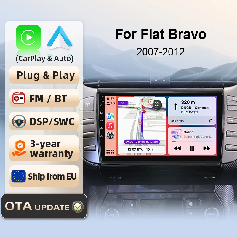 Autoradio Litillbuly pour Fiat Bravo 2007 2008-2012, CarPlay et Android Auto sans fil, amplificateur de caisson de basses, systèmes intelligents, écran tactile IPS/QLED, caméra, DSP, GPS, navigation, WiFi, DAB+, FM, DSP, BT, SWC, Plug & Play, 2DIN, WiFi 4G, lecteur multimédia