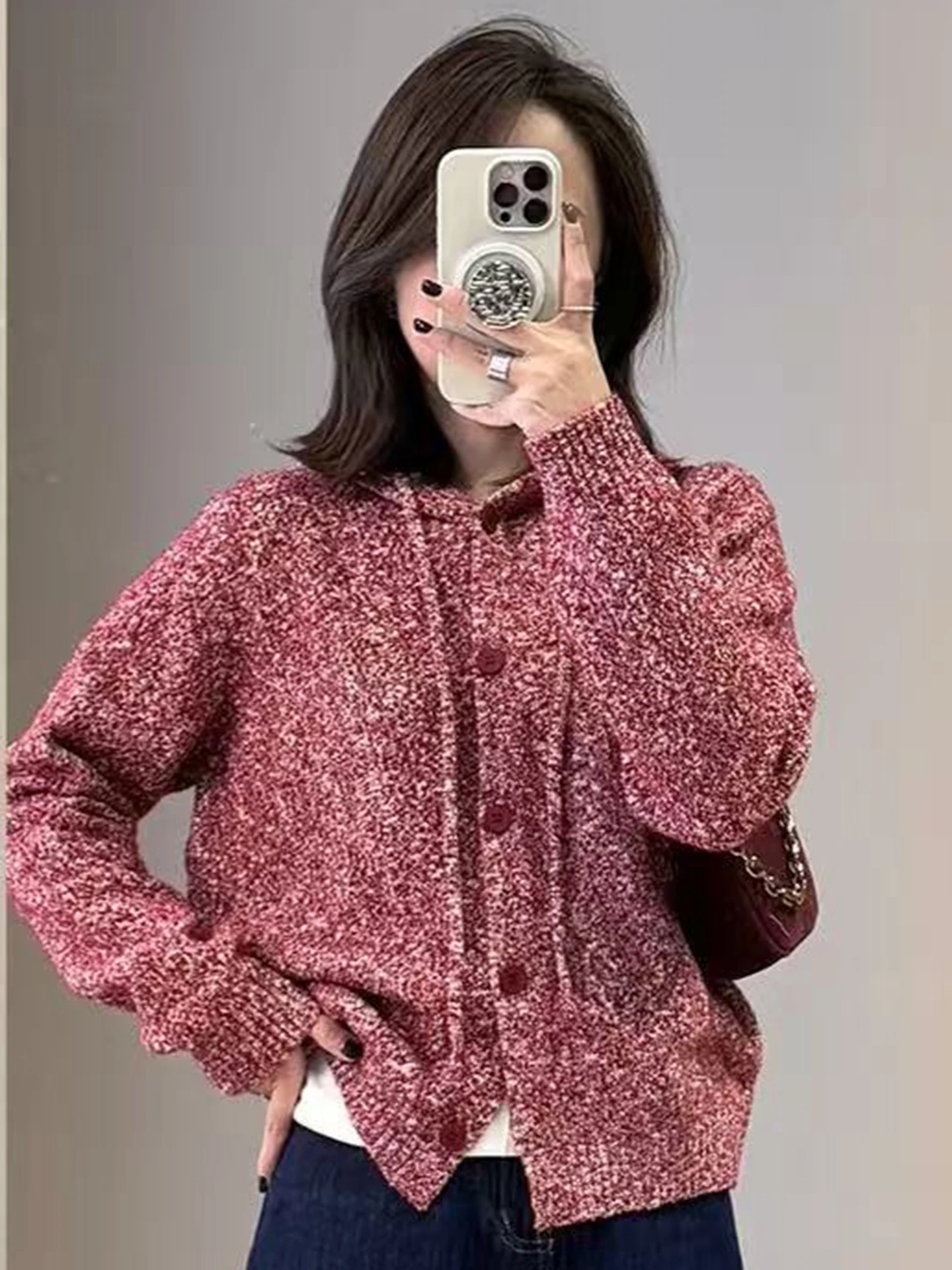 Frauen Strickjacke aus 100 % Merinowolle, einfarbig, O-Ausschnitt, mit Kapuze, Strickkabel, Herbst-Winter-Kleidung, einreihig, warm, bequem