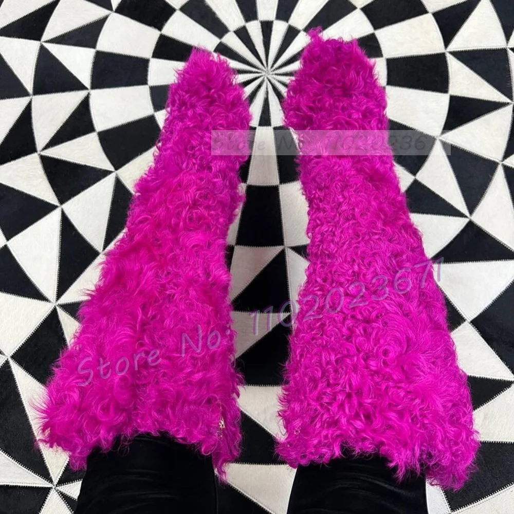 Hot Pink Shearling Hair Boots Women Sexy Thin High Heels Chic Curly Fur Party Shoes Female Luxury Round Toe Side Zipper Boots