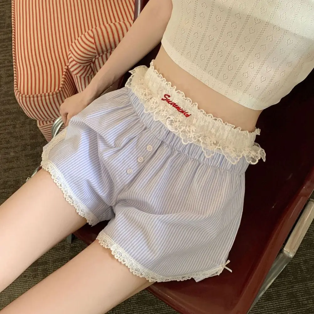 S,M,L,XL Sexy Cute Summer Striped Shorts Blue Pink Elastic Waist Shorts Button Embroidered Lace Shorts Leggings for Women Girl