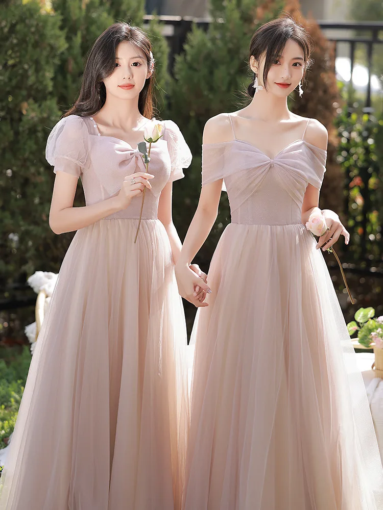 Sweet Pink Bridesmaid Dress 4 Styles Off Shoulder Bow Evening Dresses Classic Tulle Elegant Lace up Wedding Female Guest Gown