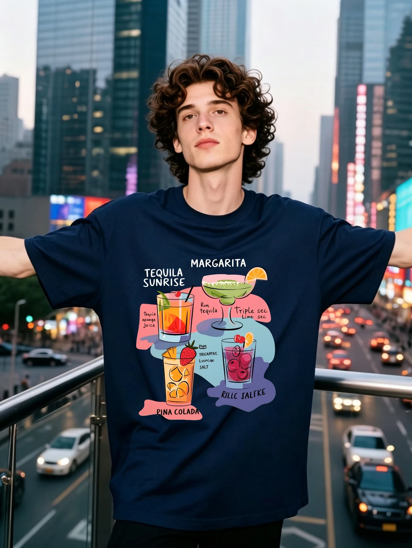 Vintage Cocktail Print T-Shirt, Men's Casual Streetwear Style, Cool and Minimalist Design, Suitable for Daily Wear and Party Scenes, Incorporates Classic Drink Elements Like Tequila Sunrise and Margarita, Showcasing a Relaxed and Leisurely Lifestyle