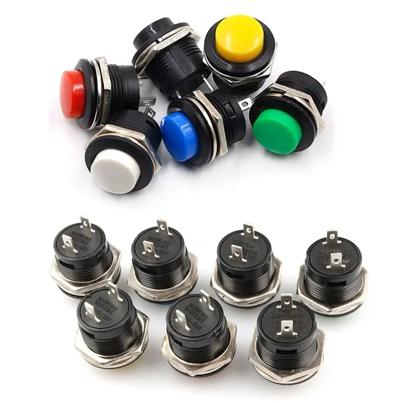 6pcs Momentary Push Button Switch 16mm Momentary 6A/125VAC 3A/250VAC Round Switches R13-507 BLACK RED GREEN WHITE BLUE YELLOW