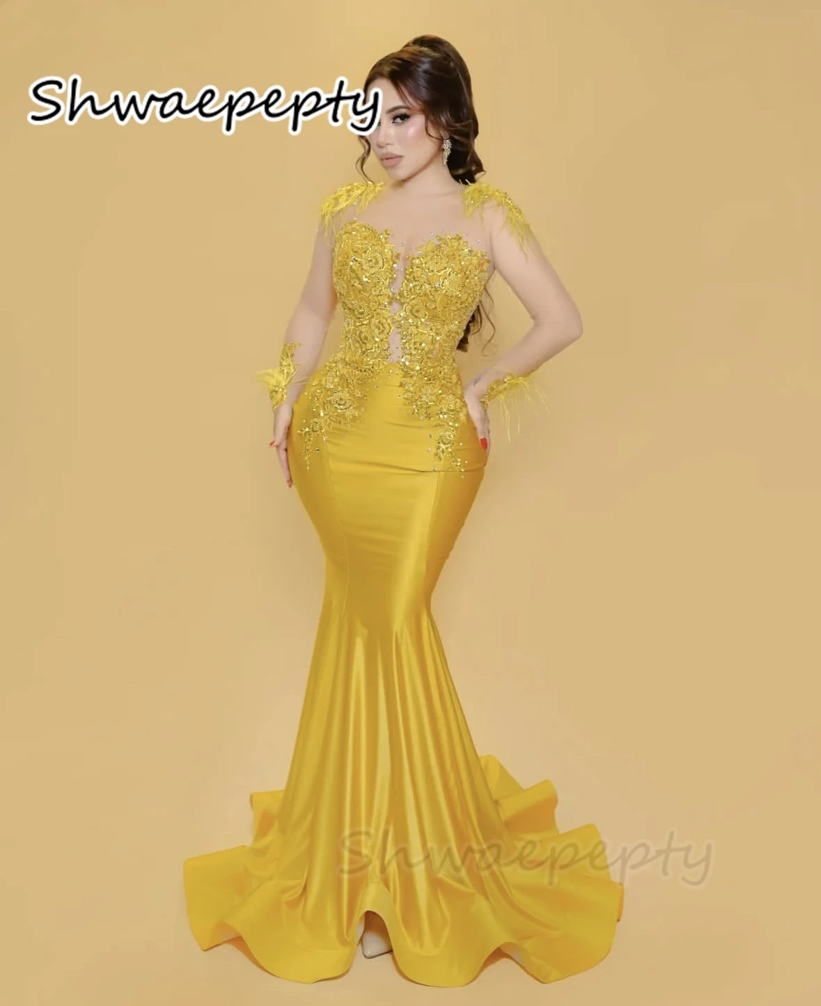 

Желтые платья русалки для выпускного вечера с иллюзией и длинными рукавами, кружевные аппликации, длиной до пола, атласные вечерние платья, вечернее платье по индивидуальному заказу