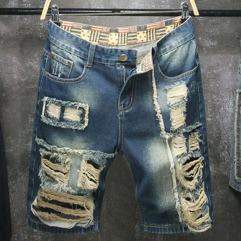 

Large-size fashion brand new style ripped denim shorts for men, summer casual and versatile mid-length pants, ripped jeans