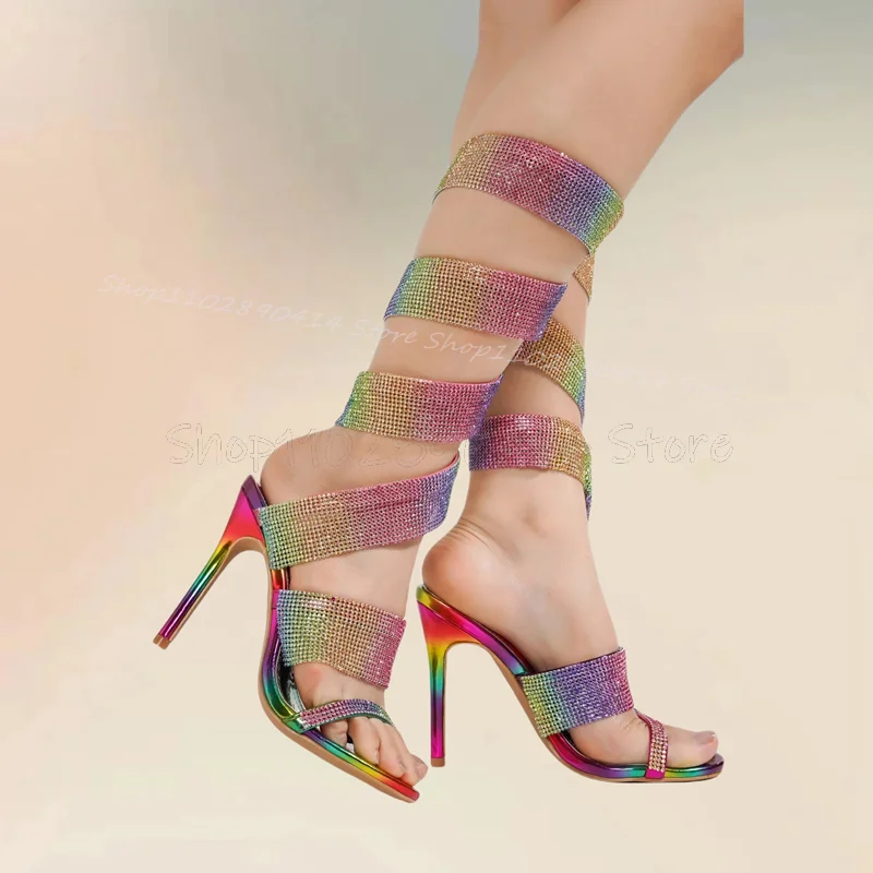 

Rainbow Color Rhinestone Decor Twine Sandals Boots Slip On Women Shoes Thin High Heels Open Toe Fashion 2024 Zapatos Para Mujere