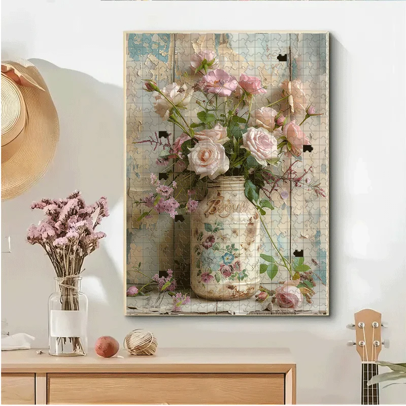 Puzzle dla dorosłych 500/1000 elementów, duże, w stylu vintage, różowe róże i murarz - wyzwanie kolorowe 5D, średnio trudne łamigłówki, DIY do domu