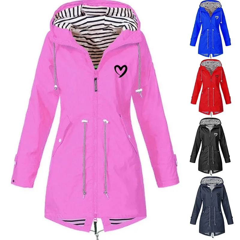 Women's Outdoor Waterproof Windbreaker Long Jacket Spring Autumn Fashion Casual Loose Hiking Climbing Sports Hooded Coat