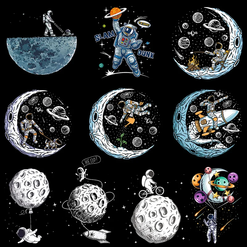 Parche térmico de astronauta para ropa, parches de Planeta y Luna para camiseta, transferencia de hierro para ropa, apliques de rayas térmicas