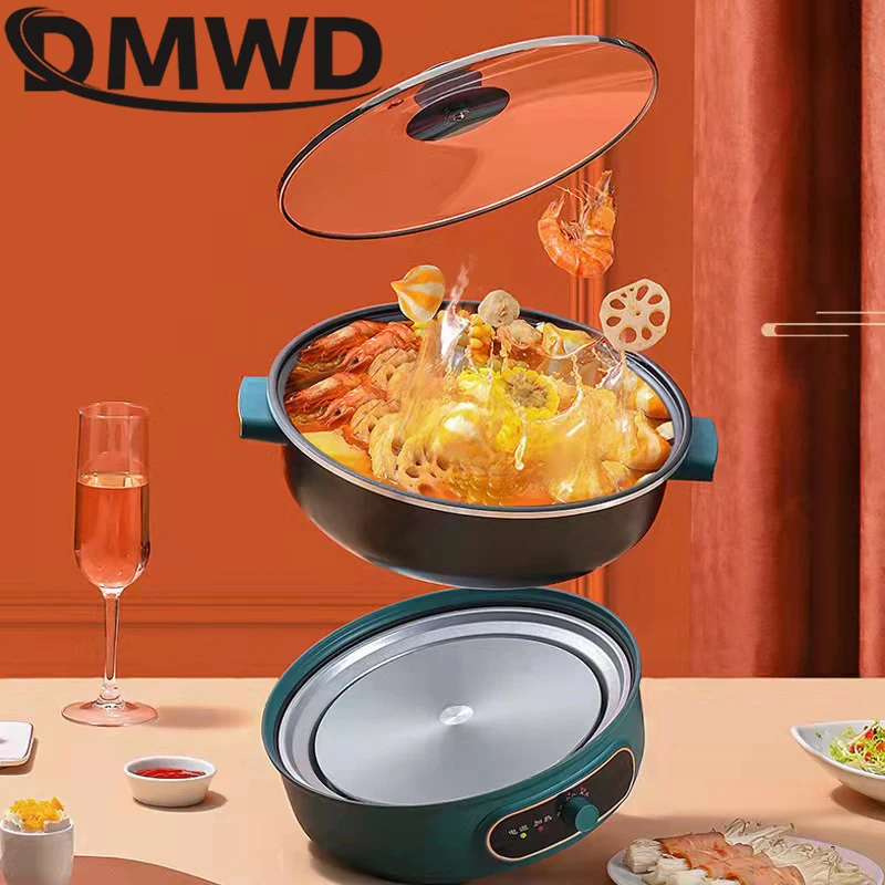 DMWD Split Electric Hotpot Pot Multi-functional Stew Soup Porridge Rice Cooker Steak Frying Pan Grill Meals Cooking Heater 4L/5L