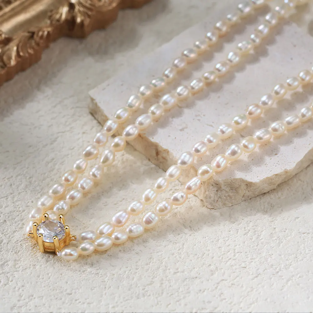 

RINNTIN GPN60 Cultured Freshwater Pearl Necklace Vintage 4A Zirconia Pendant Necklace 925 Sterling Silver Pearl Choker Necklace