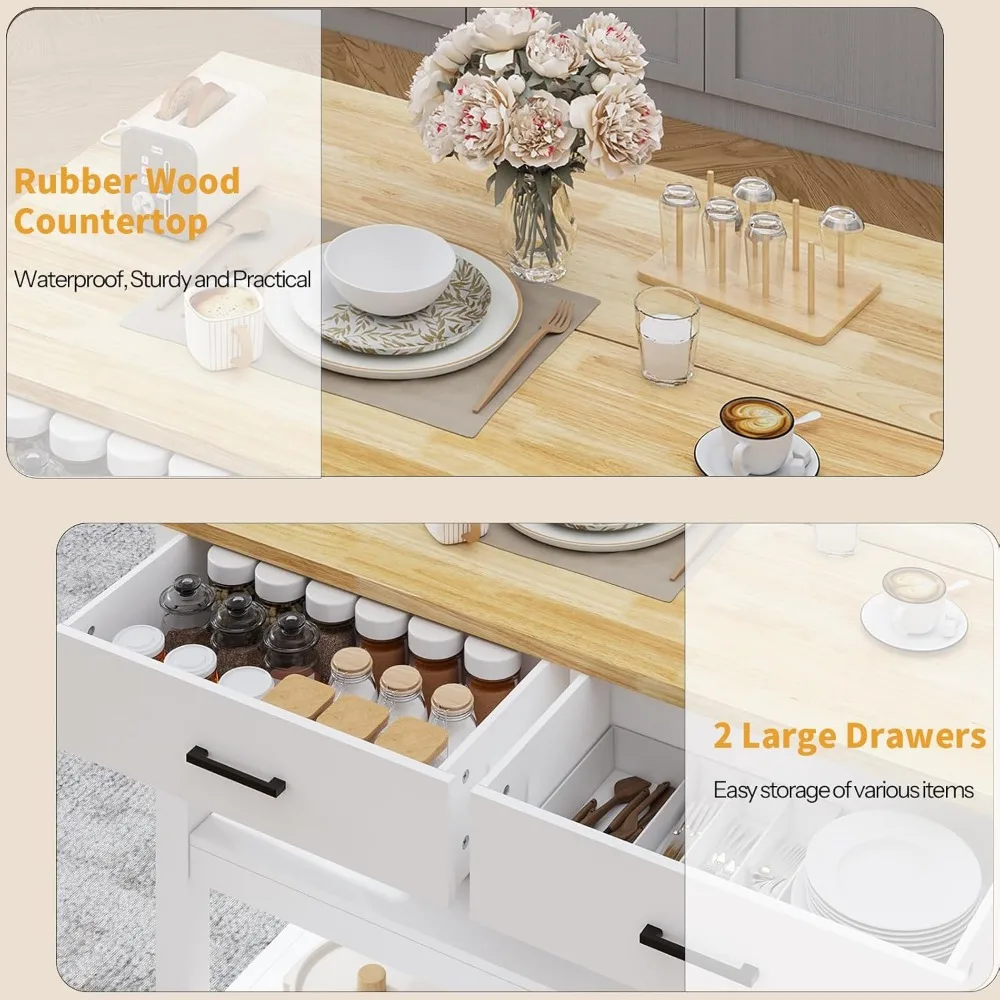 جزيرة مطبخ من خشب المطاط الصلب مقاس 47.3 بوصة مع منافذ طاقة - سطح عمل كبير جدًا، درجين وخزانة تخزين أرفف مفتوحة #5