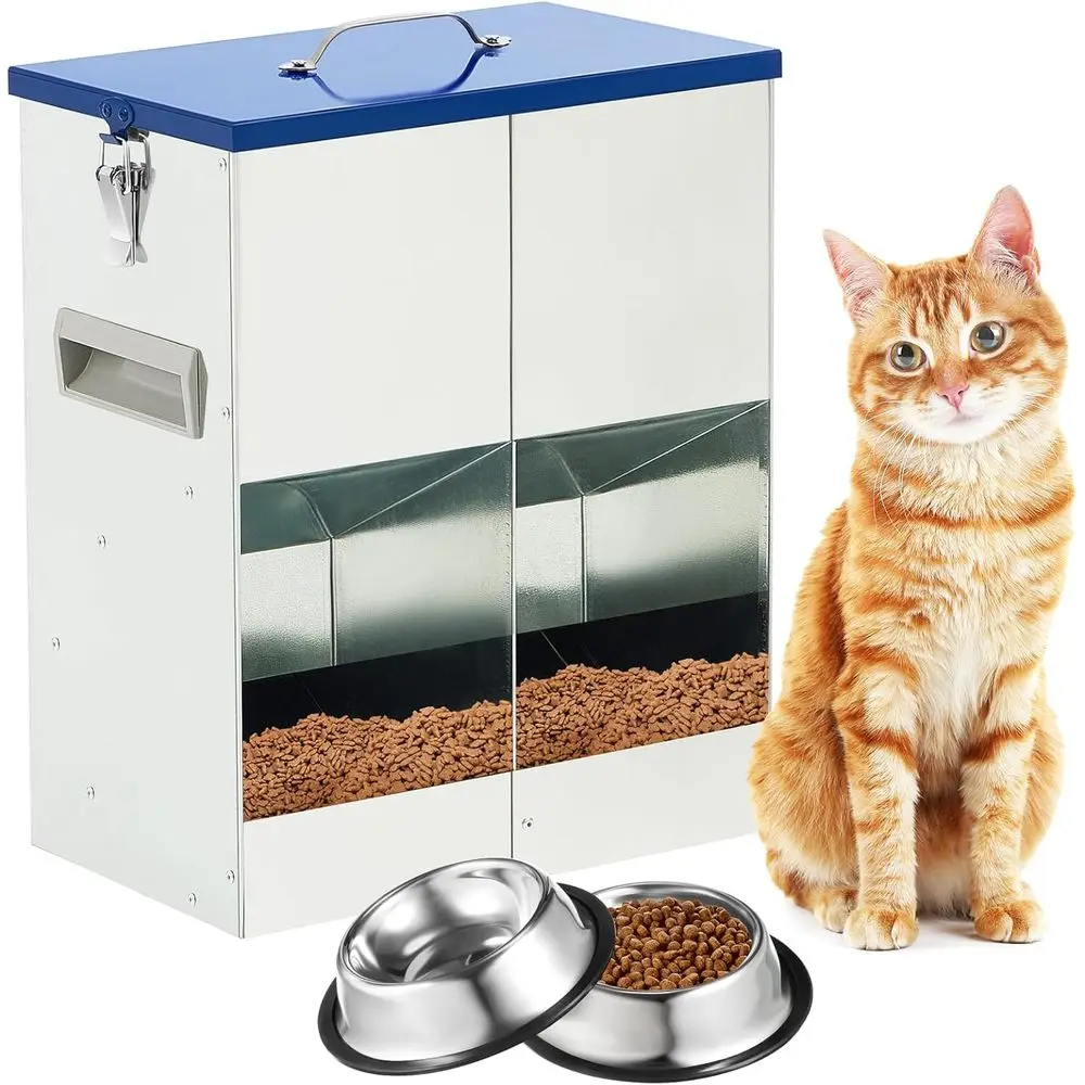 

Outdoor Galvanized Double Feeder with 42 Cups for Cats, Stainless Steel Water Bowls, and Small Pet Dry Food Dispenser