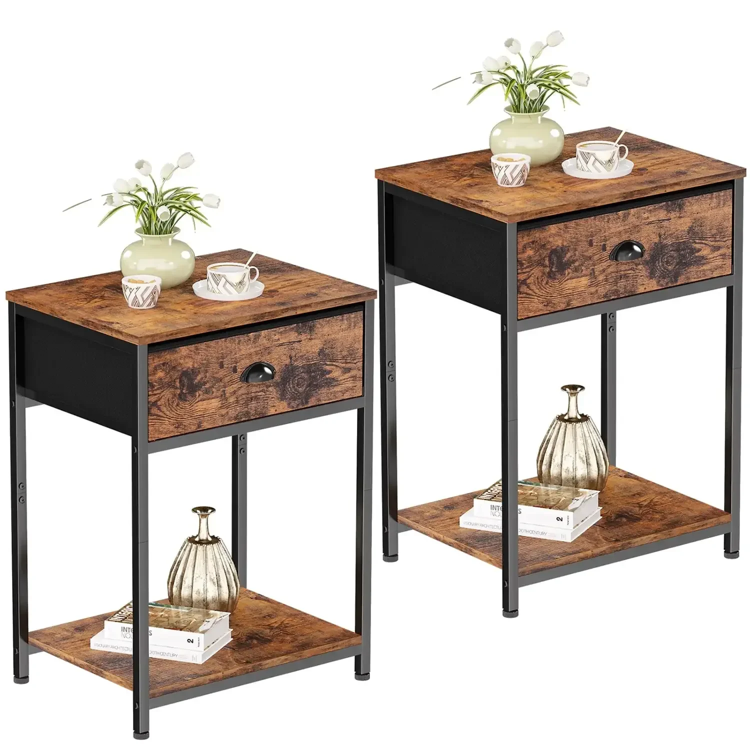 Nightstands Set of 2, Industrial End Table with Fabric Drawer & Storage Shelf,Sturdy Side Table for Living Room, Bedroom