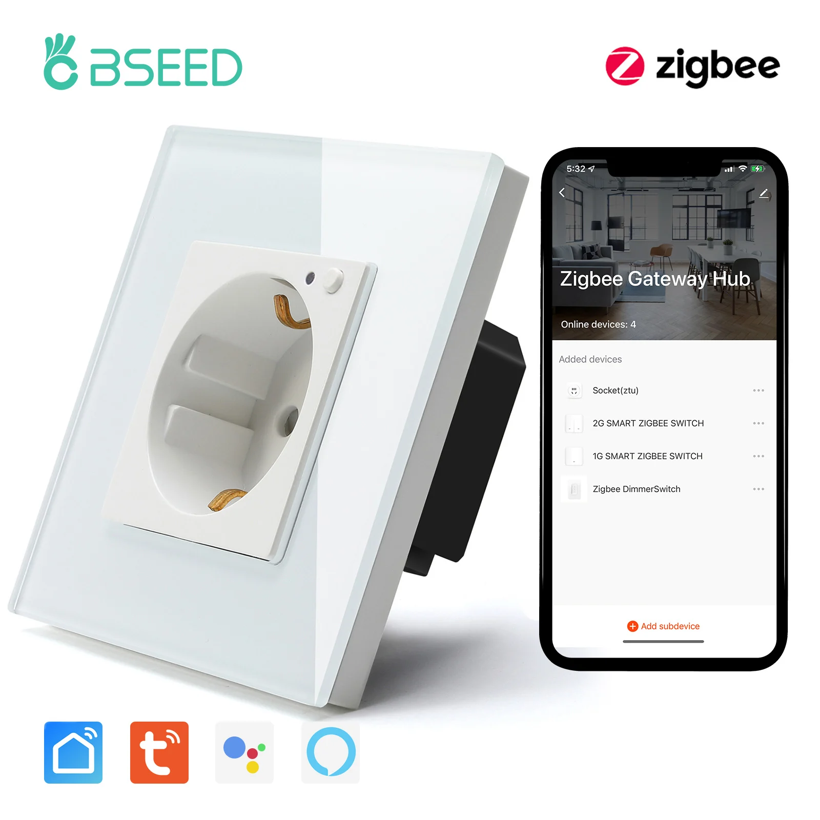 BSEED Zigbee Wifi Power Socket EU Wall Socket Work With Tuya Alexa Smart Life App Crystal Glass Blue Backlight  Timing Function