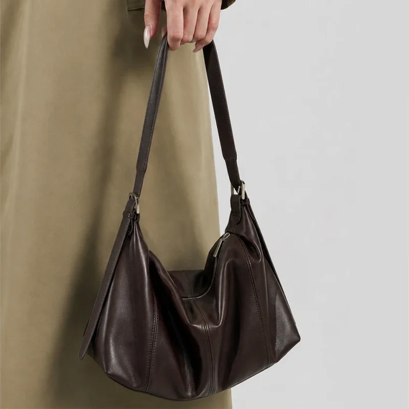 Women's Genuine Cowhide Soft Hobo Shoulder Bag Slouchy Real Leather Ruched Handbag Drawstring Tie Detail Zipper Crossbody Purse