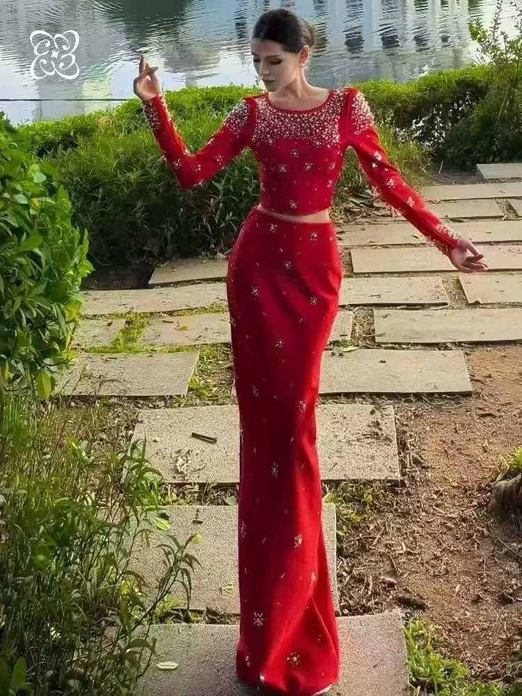 Rhinestone Two Piece Bandage Set Long Sleeve Crop Top & Maxi Bodycon Skirt Co-Ord Crystal Embellished Formal Evening Outfit
