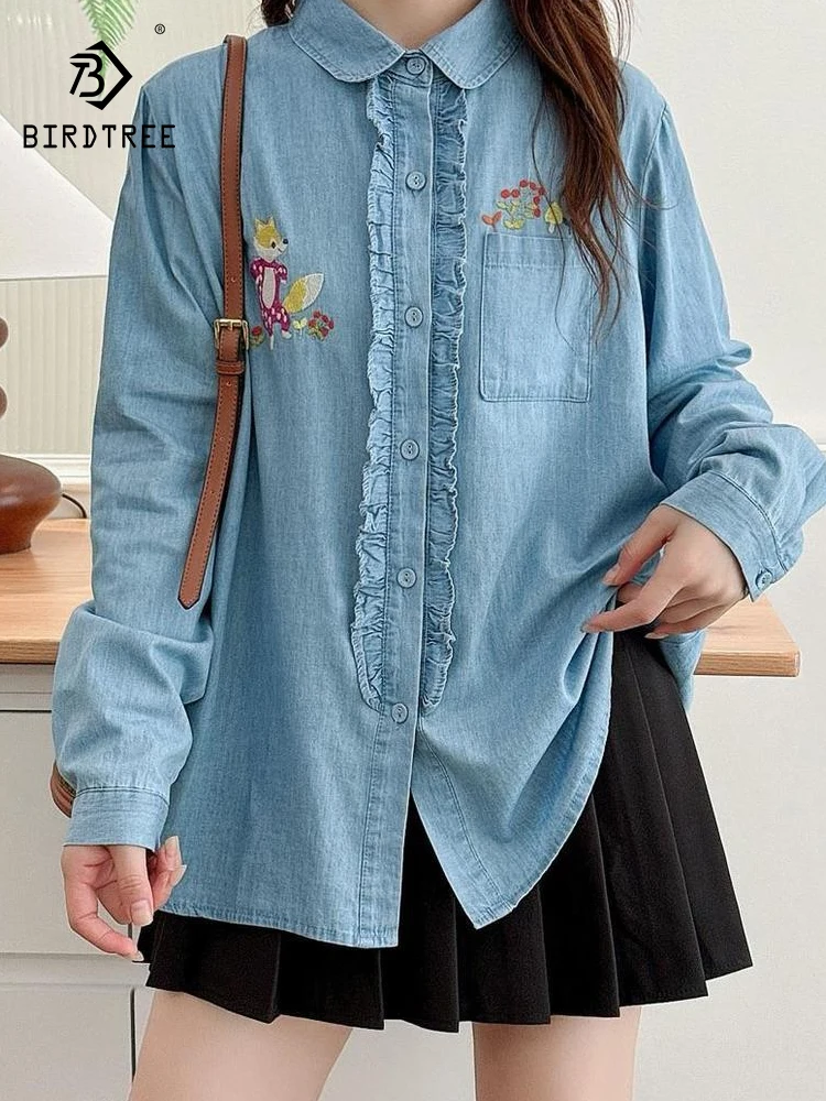

Новая джинсовая рубашка с длинным рукавом на весну 2026 года, женская, с отложным воротником, вышивкой, в стиле Mori Girl, ретро, с милыми оборками, свободная блузка T61327CC