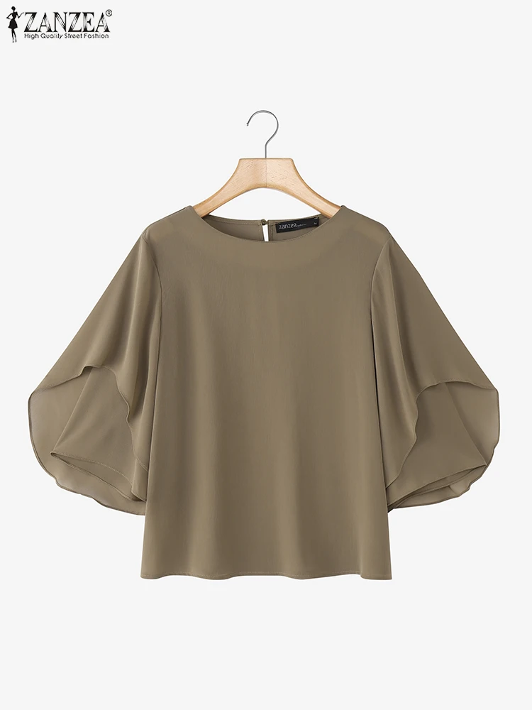 ZANZEA Fashion Blouses Women Work OL Tops 3/4 Sleeve O Neck Elegant Blusas 2025 Solid Color Casual Loose Tunics Oversized