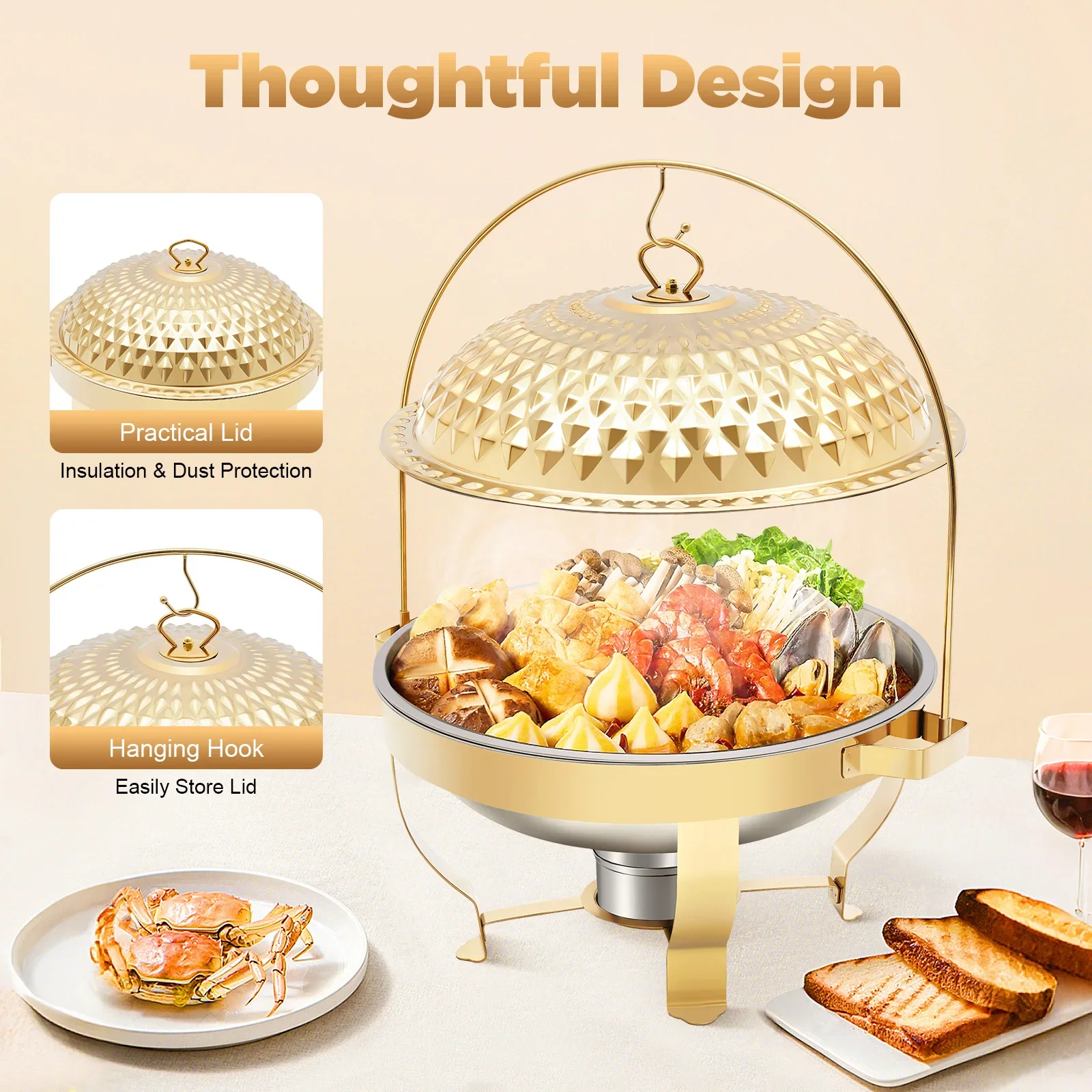 

Chafing Dishes for Buffet Set of 4, 8.5Qt /8L Stainless Steel Round Buffet Chafer, Gold Hanging Lid Dining Stove, Buffet Server