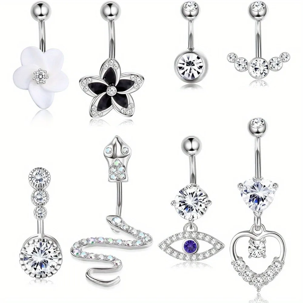 

DOLOTTA 1Pcs Stainless Steel Belly Button Ring Set - Golden Plated Dangle Navel Rings with Snake Eye, Flower, and Heart Charms