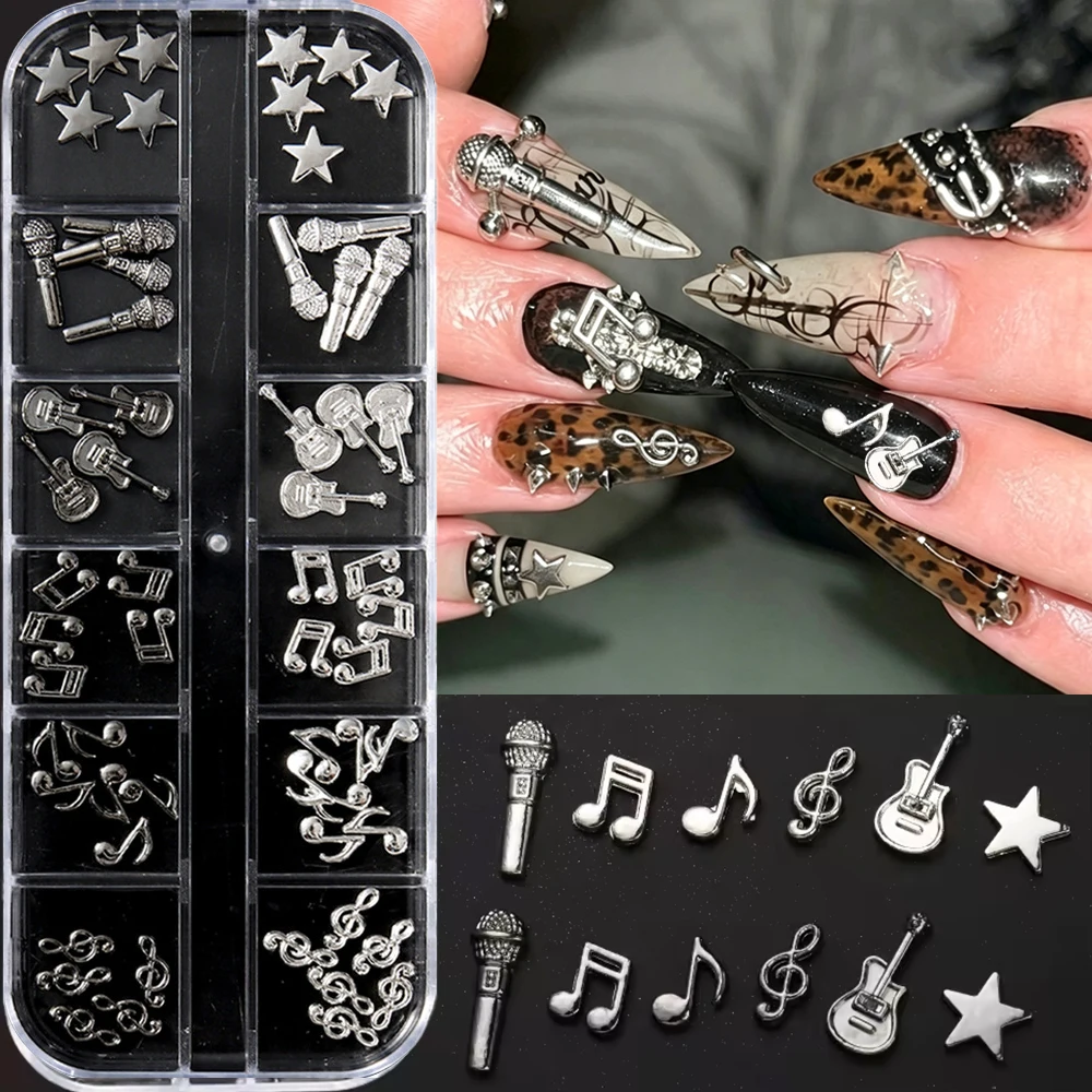 12Grids Metal Musical Instruments Rivet Nail Charms 3D Gun Black/Gold/Silver Retro Punk Musical Note Guitar Microphone Nail Deco