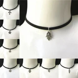 New Fashion Female Wax Rope Necklace Lovely Wings Leaf Star Cross Snowflake Black Velvet Choker Necklace DIY Jewelry Gift