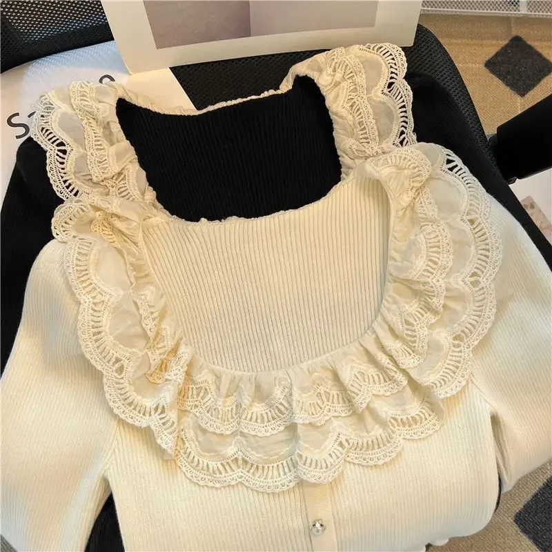 2023 Autumn Winter New Bottoming Pull Femme O Neck Lace Patchwork Sweet Gentle Sweater Y2k Vintage Chic Breasted Pleated Jumpers