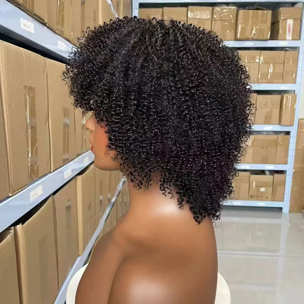 4A Afro Kinky Curly Wigs Human Hair Short Curly Human Hair Wig with Bangs Machine Made Short Kinky Curly Wigs for Black Women