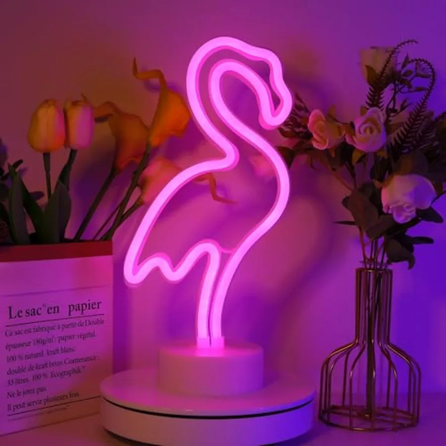 

Flamingo Neon Light Signs Pink LED Neon Art Decorative with Holder Base Table Light Marquee Signs Wall Decoration for'Room Birt