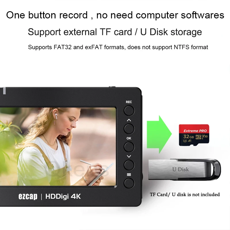 

Ezcap HDDigi 4K HDMI Видеозахват DVR Карта Игровой рекордер Воспроизведение Микрофон Аудио Микс Запись к Micro SD TF Карте USB U Фляга Диск