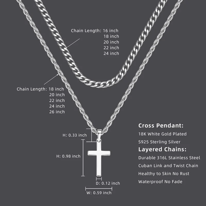 RAPRGOLD 925 Sterling Silver Cross Pendant Necklace for Men and Women Doublelayered Cuban Rope Chain Fine Jewelry Gifts collares