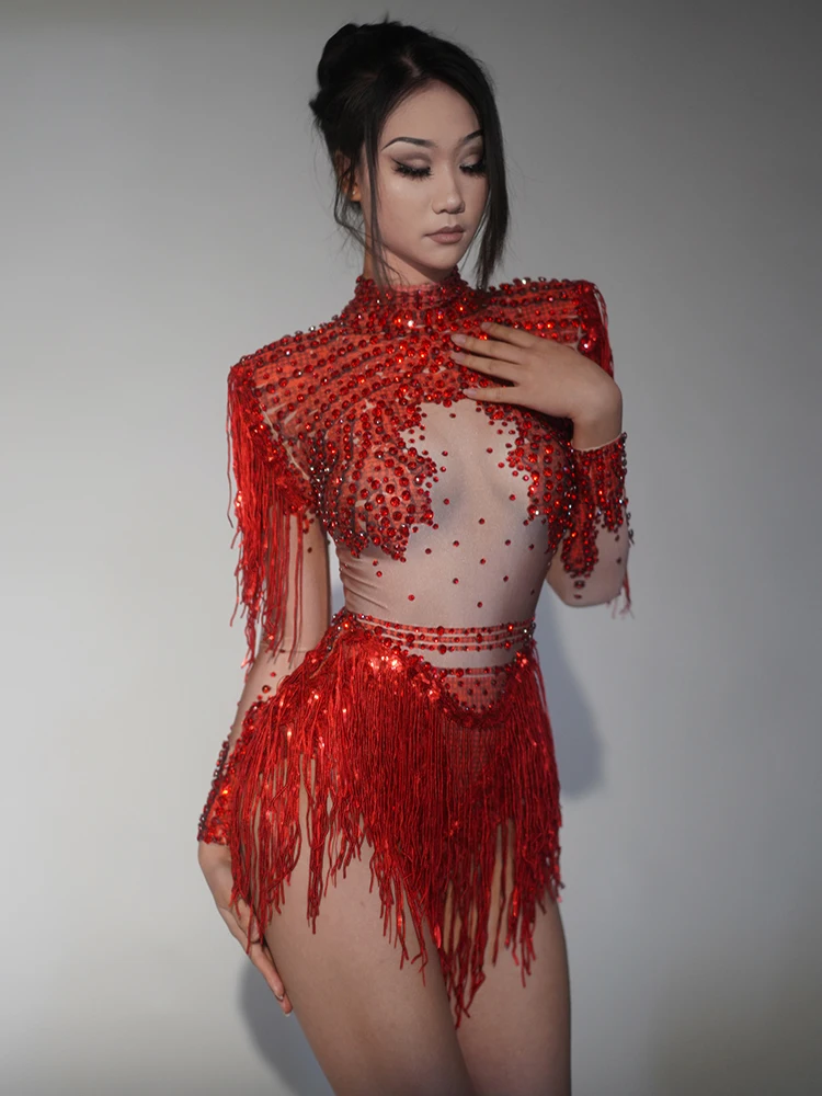 

Women Sexy Rhinestones Sequins Fringes Bodysuit Stage Outfit Birthday Party Dress Pole Dance Club Team Drag Queen Team Costumes
