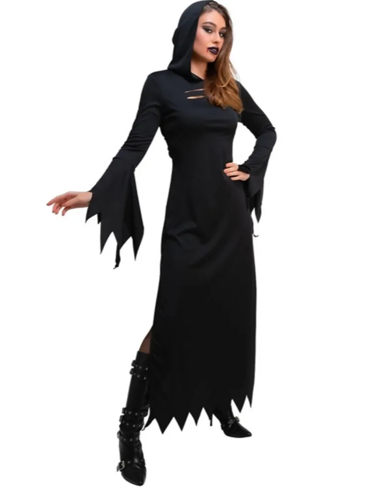 

Women Solid Color Hooded Gown Costume Gothic Witch Costume Long Sleeve Spring Autumn Long Dresses For Halloween Carnival Party