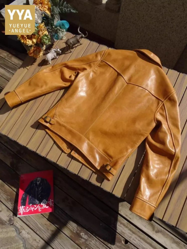 

Мужская куртка высокого качества из желтой воловьей кожи, американские куртки в стиле ретро, верхняя одежда с отложным воротником и карманами, однобортное пальто из натуральной кожи
