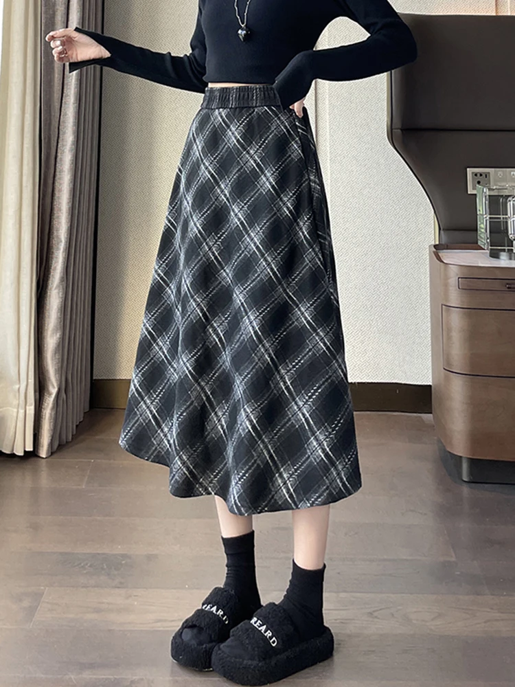 

Женская шерстяная юбка миди с высокой талией, на флисовой подкладке, А-силуэт, расклешенная, винтажная, стройнящая, осенне-зимняя новинка