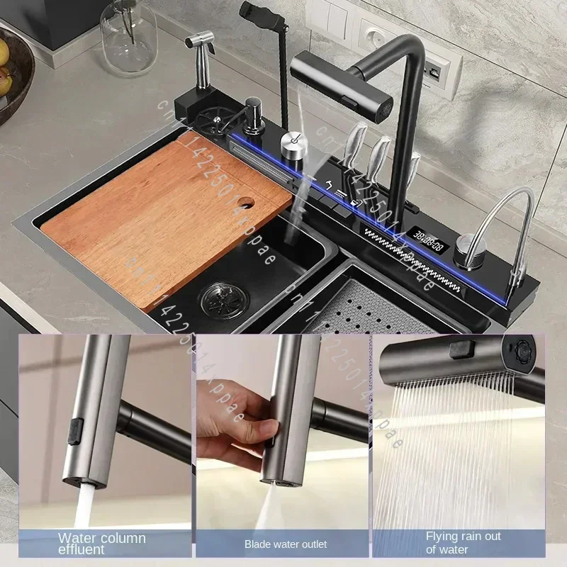 Household  washing Sink Large Single Slot Kitchen 304 Stainless Steel Waterfall Sink Digital Display Embossed Washing Basin