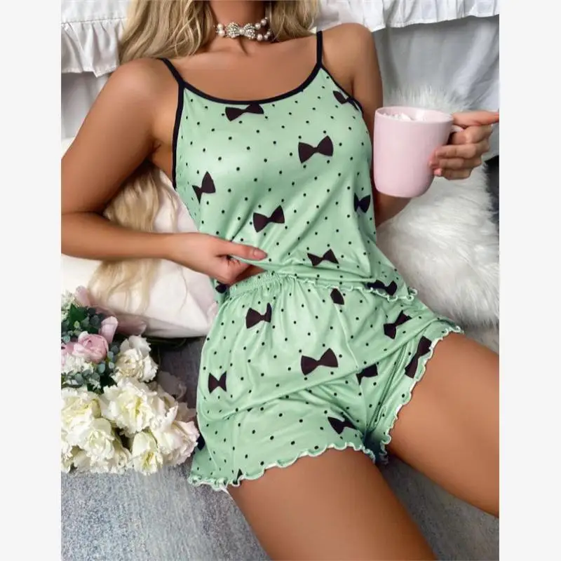 

Sexy Two-Piece Vest Shorts Set Women's Pajamas Comfortable Milk Silk Material Sleeveless round Neck Design Suitable for Outdo...