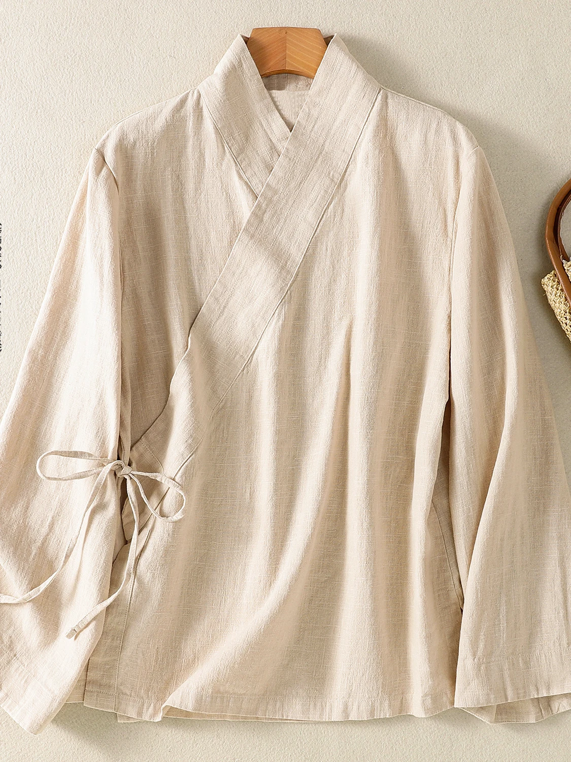 

Retro Zen Pure Color irt Jaet Large Size Women's Slanted Bow Tie Long Sve Top Sitting Tai Chi Clothes Casual Spring Co...