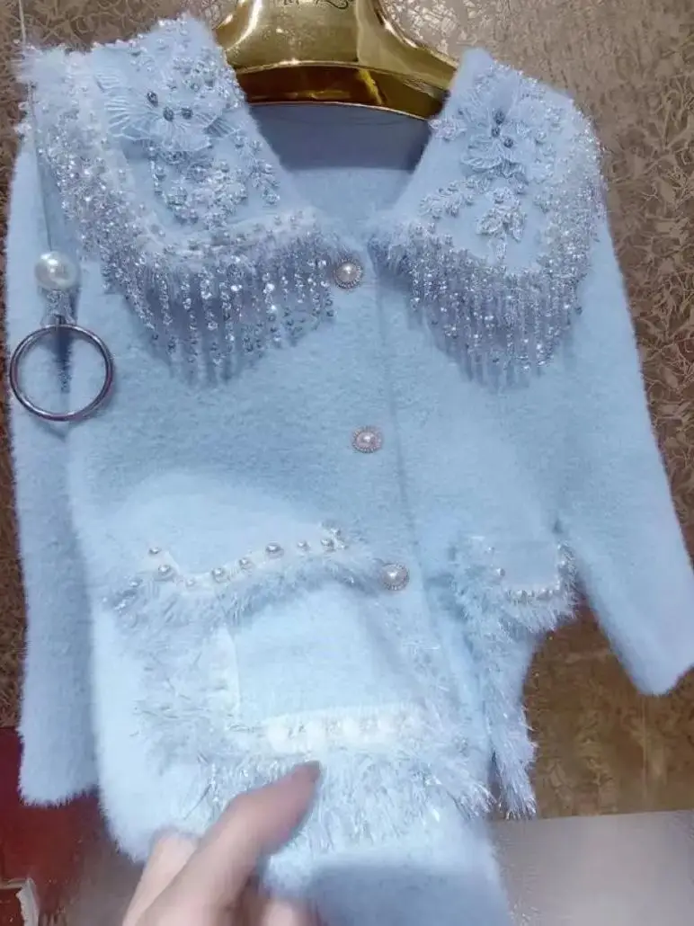 

Осень-зима 2025: толстый теплый свитер из норки, пальто для женщин, однобортные свитера с длинными рукавами и кисточками, кардиган, топы