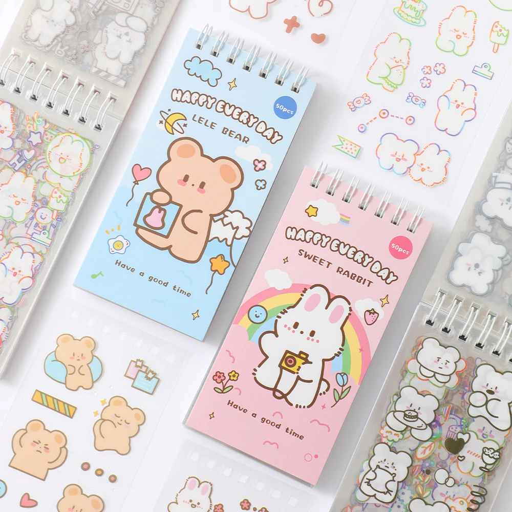 50 Sheets Cute Cartoon Animal Stickers Set PET Waterproof Scrapbooking Stickers For DIY Art Crafts Journaling Notebooks Planners