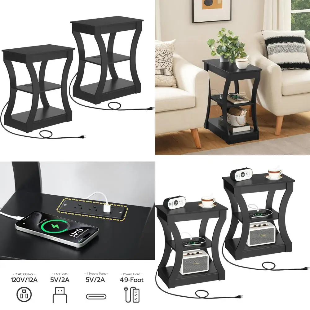 

Pair of Modern Charging End Tables with USB & Outlets, 3-Tier Storage, Ideal for Living Rooms and Bedrooms