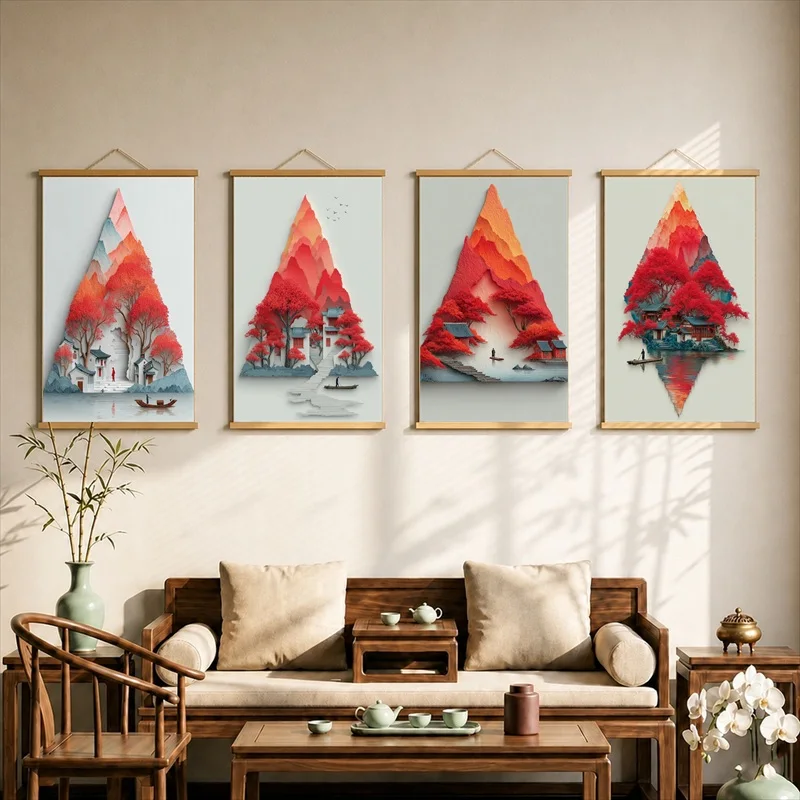 Wall Decorations Geometric Mountain Triangle Composition, Modern Minimal Pearlescent Canvas Hanging Scroll Decor for Home Office