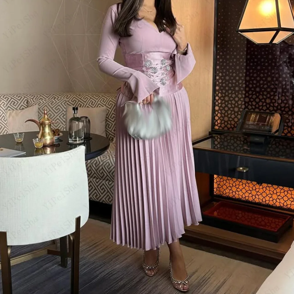 Customized A-Line Prom Dresses Tea-Length V-Neck Full Sleeve Evening Gown Fashion Crystal Pleat Draped Casual Party Gown image 2