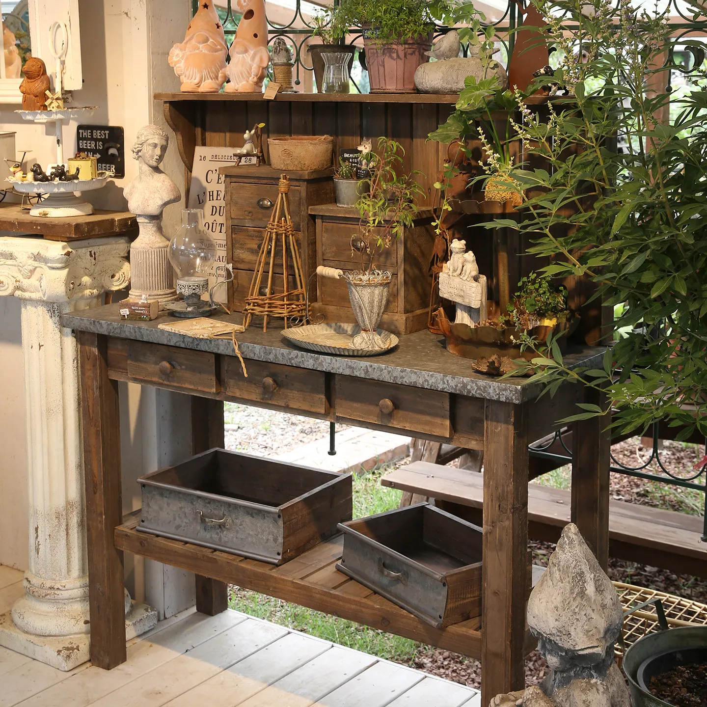 Vintage Potting Bench with Upper Display Shelf, 3 Drawer Garden Workstation, Rustic Wood Potting Table with Top Shelf Storage