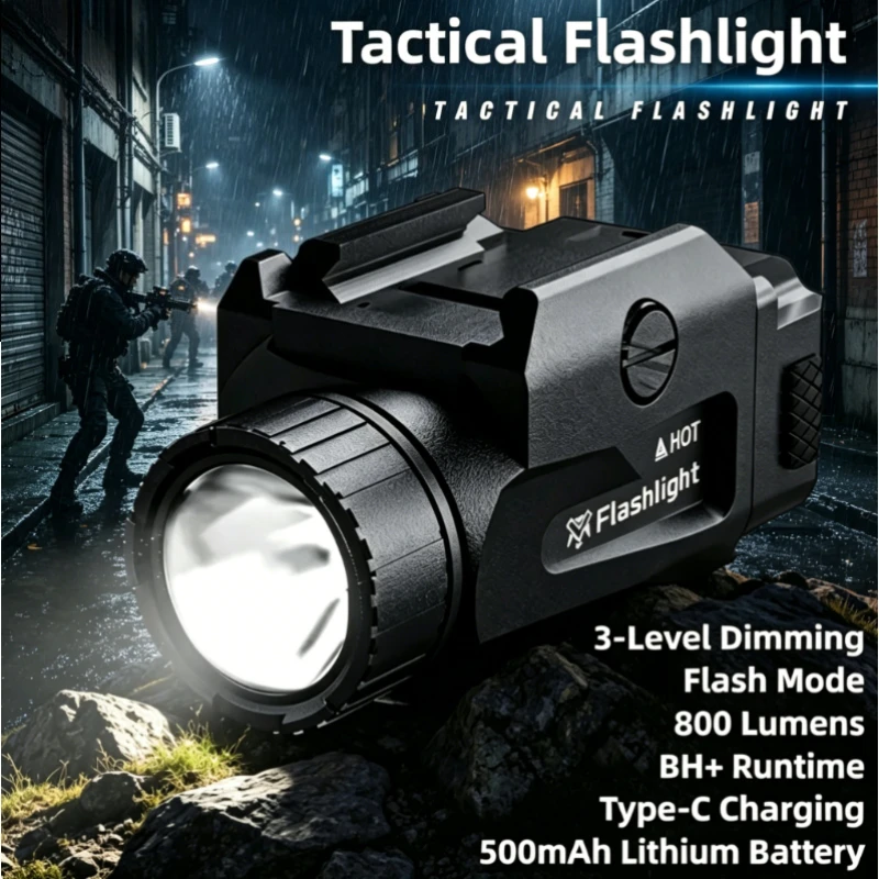 2026New 800LM Tactical LED Light, 4 Modes USB Rechargeable Flashlight, Quick Release Design Fit Picatinny Rail Outdoor Accessory