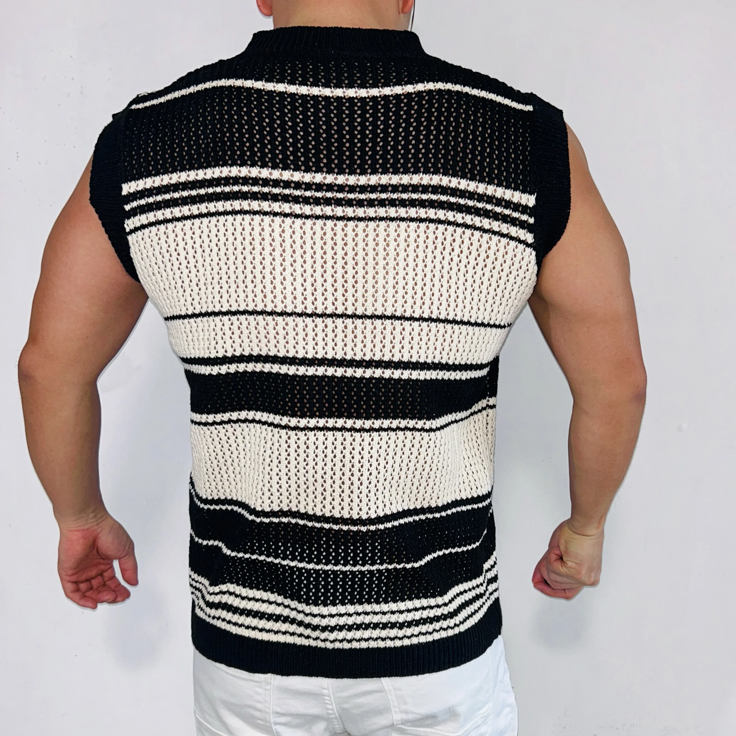 3-Colorful American Striped Loose Vest Knit Sweater For Men's Summer Sleeveless Hollow Round Neck Casual Vest Trend