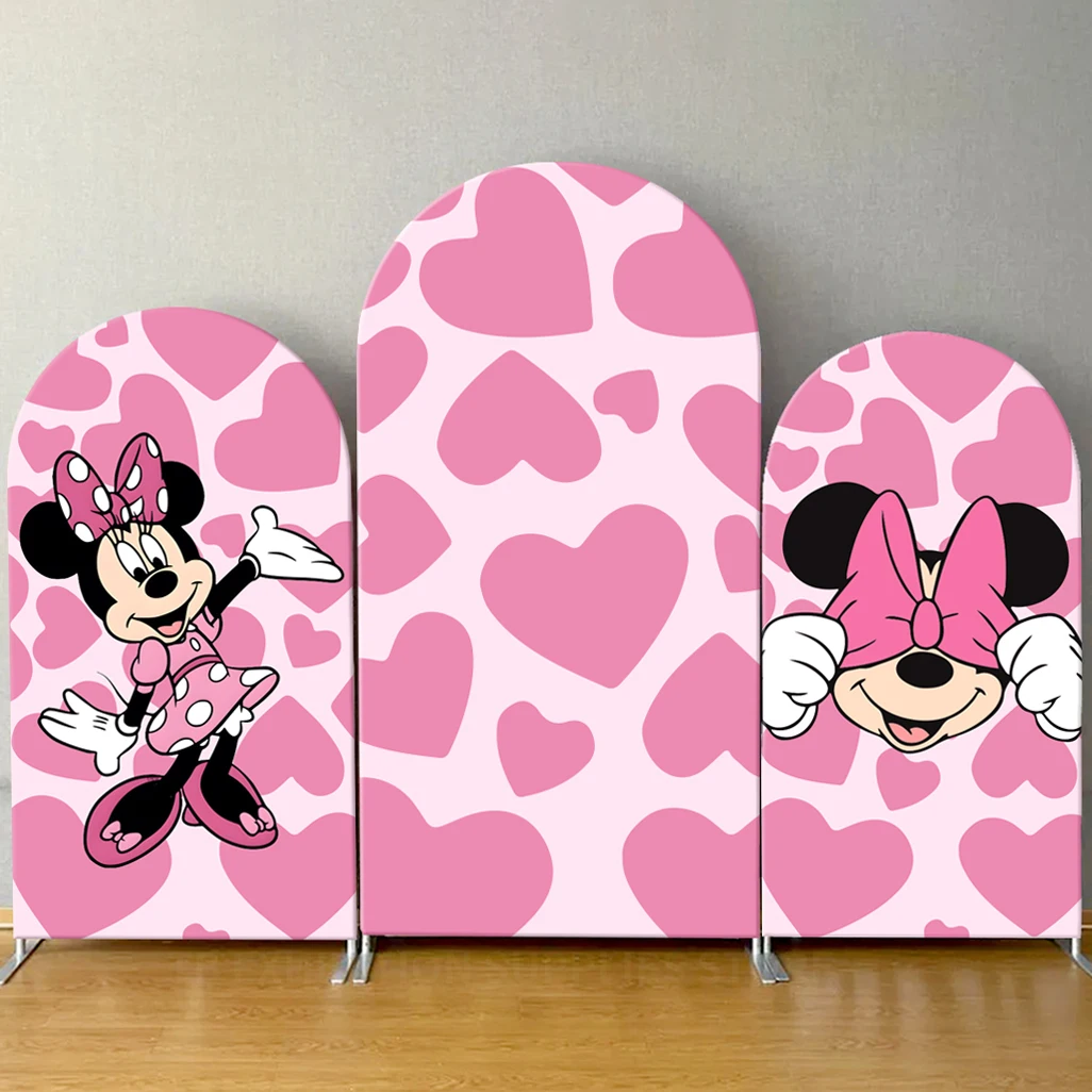 

Disney Minnie Mouse Pink Heart Arch Backdrop Cover Girl Birthday Party Decor Baby Shower Photo Background Wall Elastic Fabric