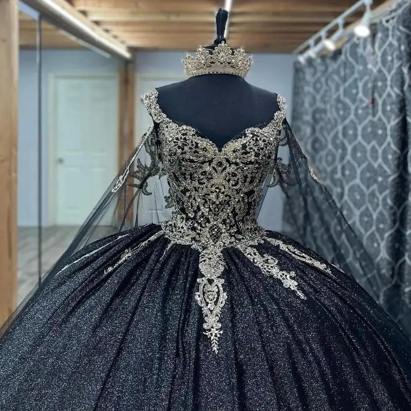 Black Shiny Quinceanera Dresses Ball Gown Off The Shoulder Appliques Lace Beaded Puffy Mexican Sweet 16 Dresses Charro 15 Anos