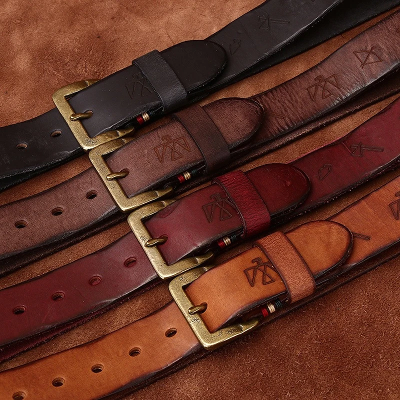 High Quality Handmade Pure Cowskin Copper Buckle Man's Belt 3.8CM Widen Pattern Design Genuine Leather Fashion Jeans Belt
